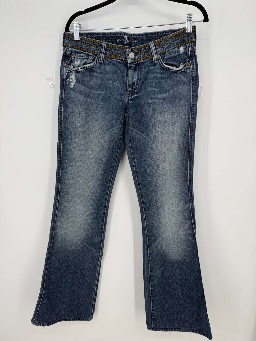 Vtg Y2K 7 For All Mankind Blue Distressed Studded waist A pocket flare size 29